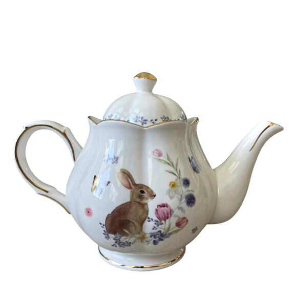 Grace Teaware Fine Porcelain Teapot 36oz Easter Bunny Spring Floral NEW - Picture 1 of 15